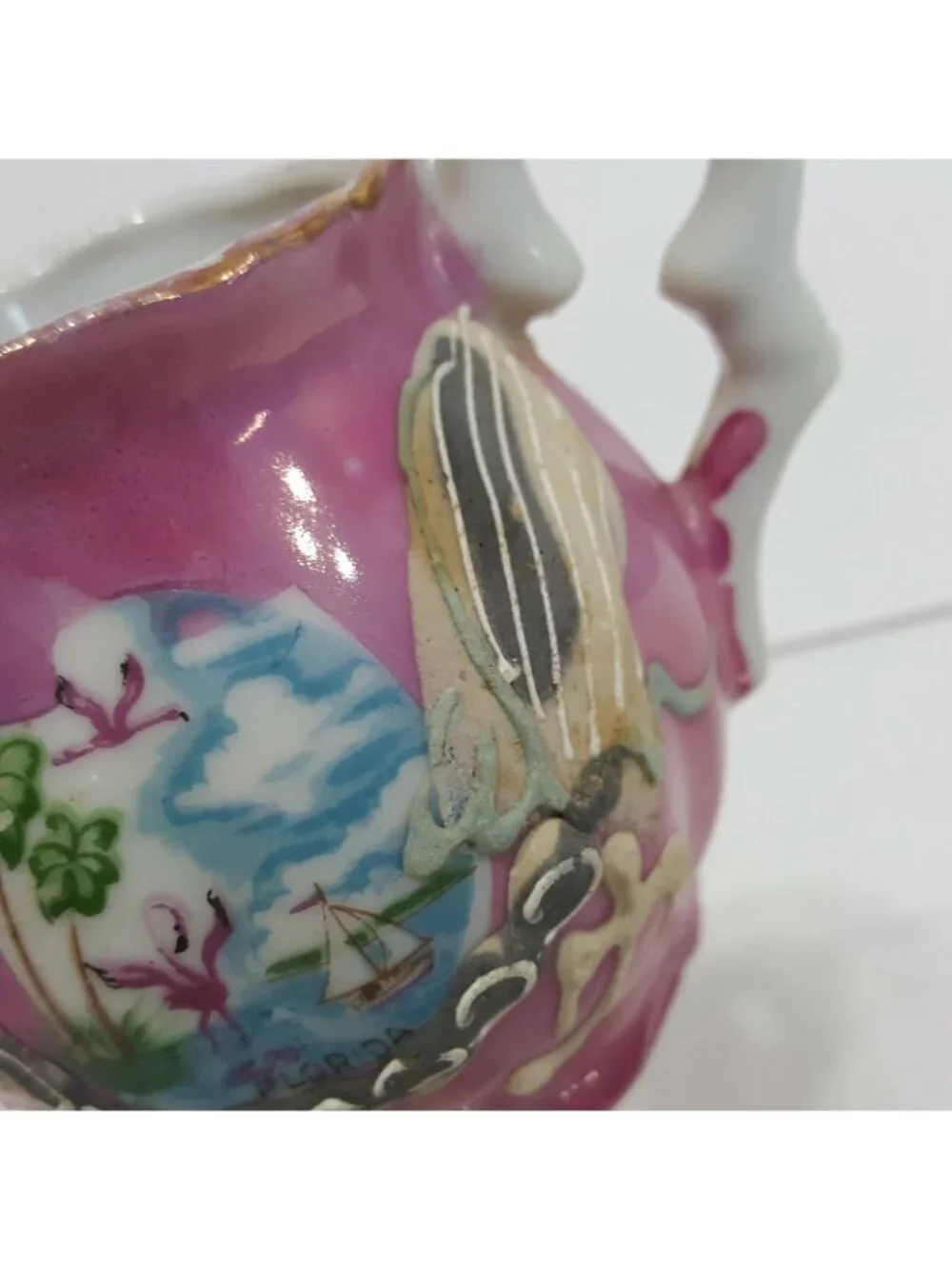 Mini Porcelain Hand-Painted Raised Dragon Creamer Lucky China 4” Tall Pink Gold
